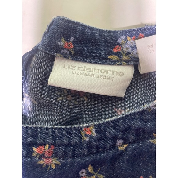 Liz Claiborne Denim Floral Midi Dress Button Front Waist Tie Short Sleeve - Picture 7 of 13